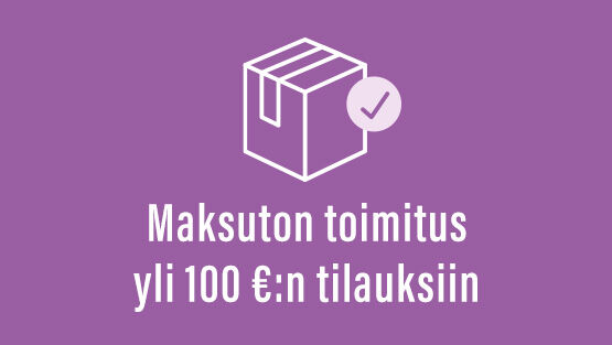 Maksuton toimitus yli 100 €:n tilauksiin -teksti ja paketti-ikoni lilalla taustalla